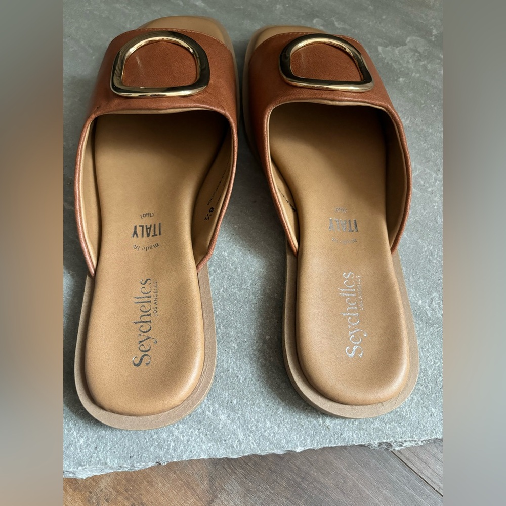 Seychelles Women’s Size 8.5 Tan Leather Gold End Of Time Slide Sandal FLAW - Picture 8 of 10
